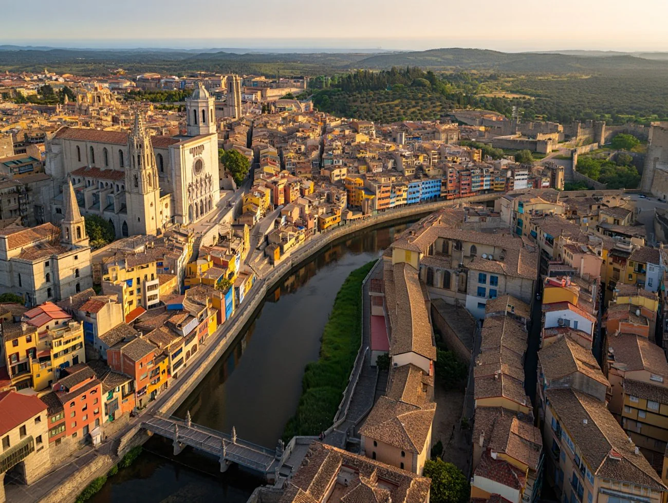 Ancient Girona aerial full old town